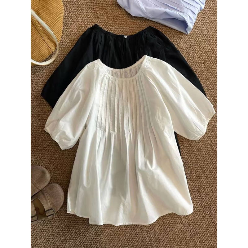 Exquisite Pleated Doll Shirt with an Accordion Style, Cotton, Loose Fit, Slimming, Three-Quarter Sleeves, Gentle Style, Versatile for Spring and Summer, Suitable for Commuting