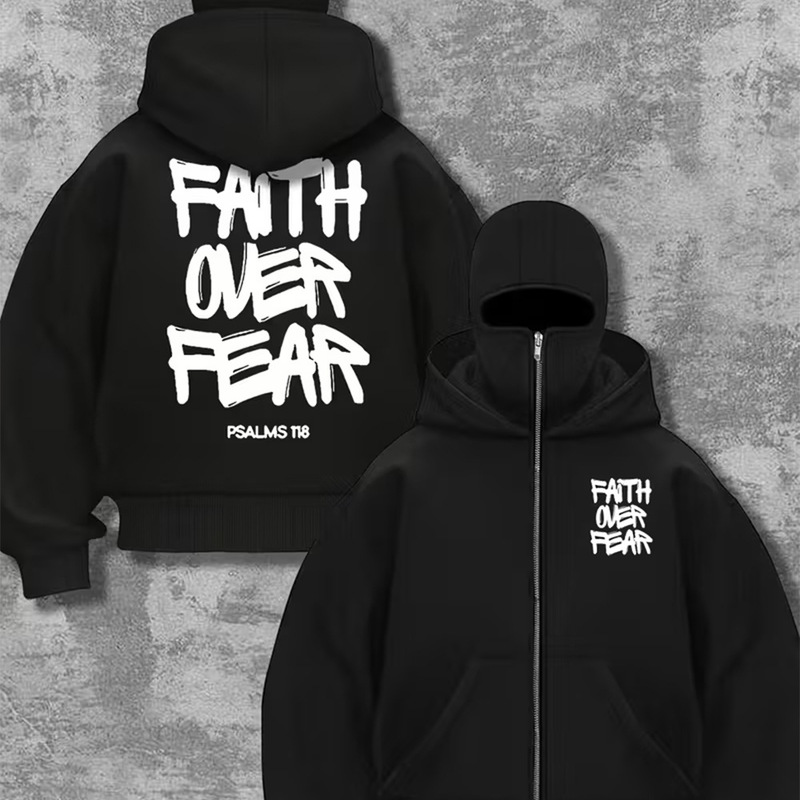 Men's Fashion Trendy Slogan Printed Balaclava Hooded Sweatshirt Zipper Street Hip-Hop Sweatshirt 1004