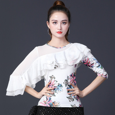 White black blue floral Latin Ballroom Dance Tops For Women Latin square dance modern dance clothes inclined shoulder sleeve blouse in the lotus leaf