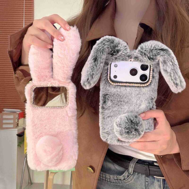 Stuffed Iphone17Promax Mobile Phone Case 16Pro All-Inclusive Soft 15 Protective Cover 17 Hand Warmer 13Pro Rabbit Ears