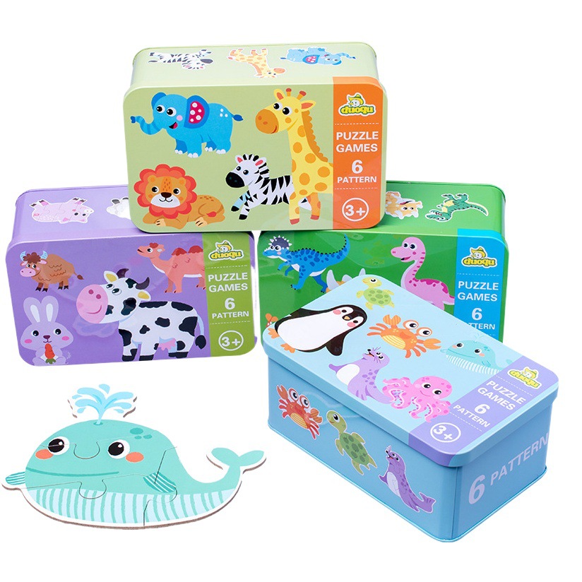 Hierro de madera en caja rompecabezas de nivel de entrada simple niños pequeños educación temprana dibujos animados creativos animales tráfico rompecabezas juguete