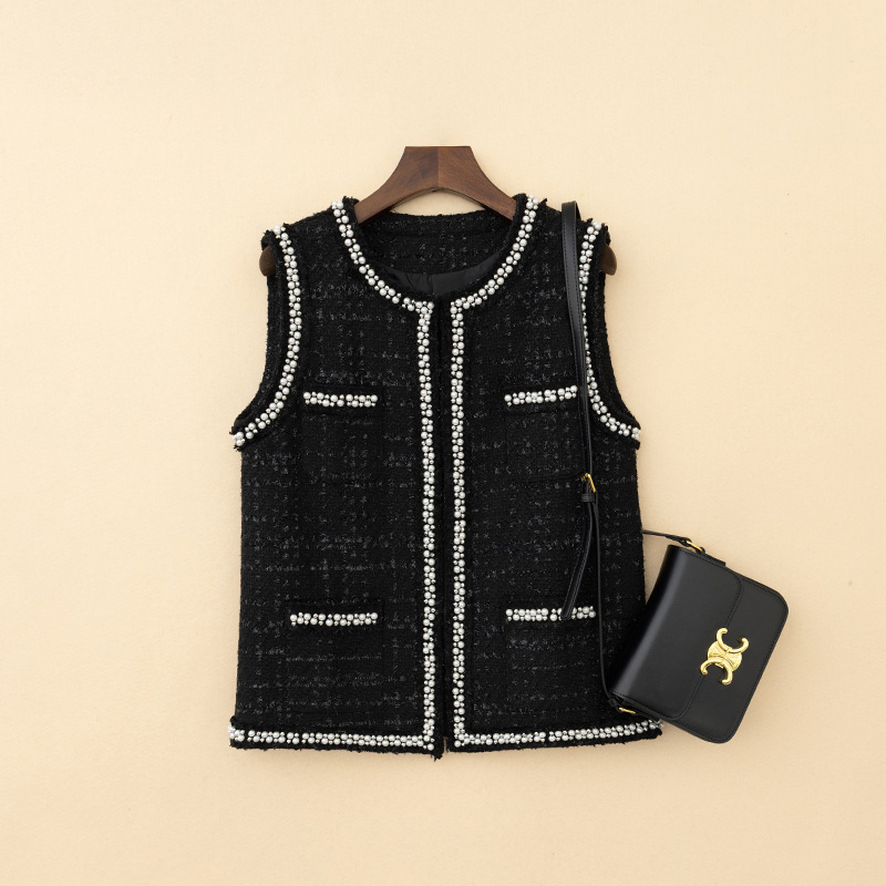 Q Goods! so Beautiful! French Style Black Round Neck Beaded Tweed Vest Women's Large Size Jacket Q Goods! so Beautiful! French Style Black Round Neck Beaded Tweed Vest Women's Large Size Jacket