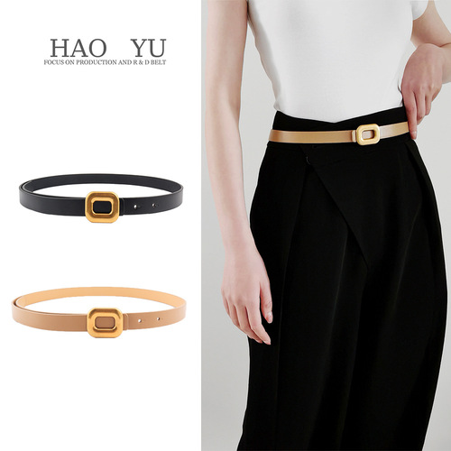 Summer new thin bronze square buckle belt for women PU decorative belt versatile slim waist fashionable
