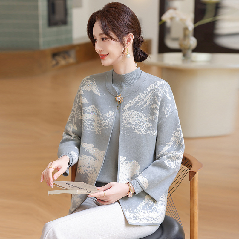2025新款妈妈秋装针织外套洋气中老年女装秋冬上衣圆领毛衣两件套|undefined