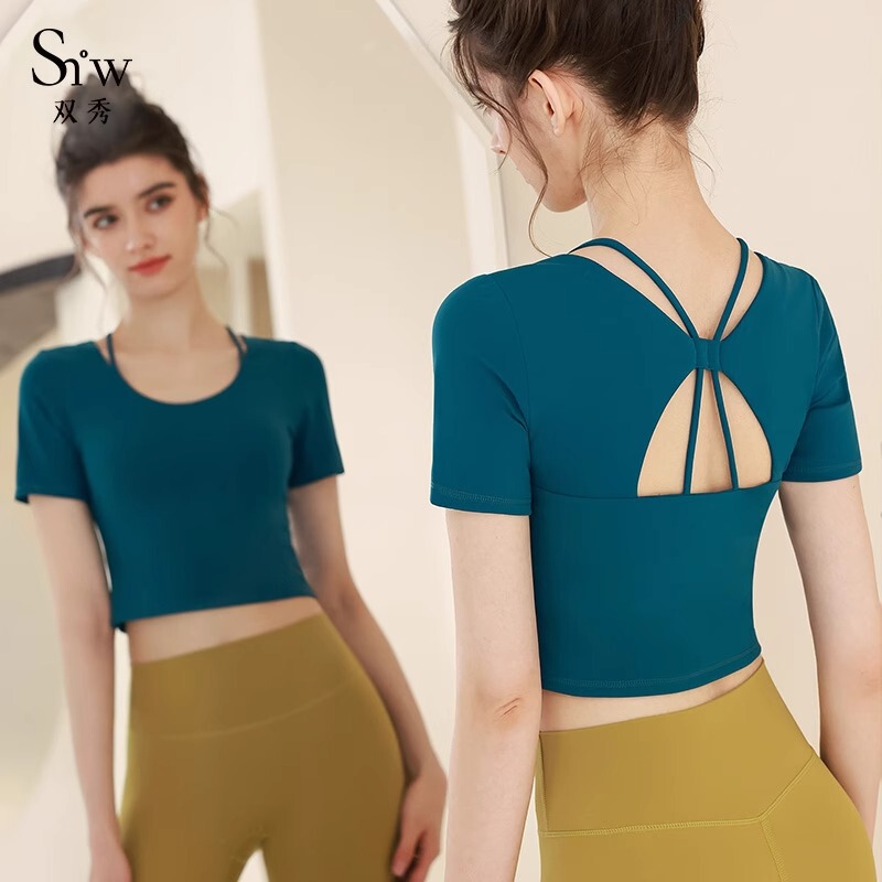 Yoga Clothing Summer Women's Top Short Sleeve with Chest Pad Sense Slimming Beautiful Back Professional Sports Fitness Clothing 2024 New Style