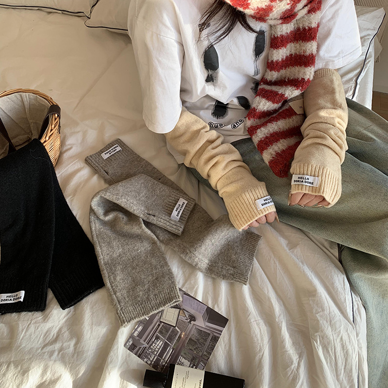 Mujeres guantes de medio dedo de otoño y invierno lindo estilo coreano medio dedos de escritura guantes calientes mangas de lana de punto