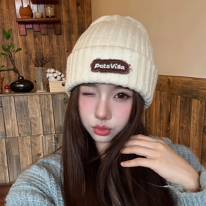 韩版时尚字母布标针织帽显脸小甜美毛线帽秋冬百搭保暖冷帽护耳帽|undefined