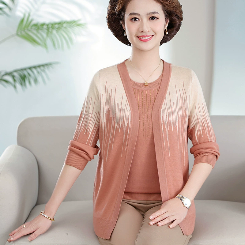 Вязаный Костюм-Двойка для мам среднего возраста, Осенний Трикотажный костюм-топ в западном стиле, маленькая рубашка, весенне-осенний кардиган для женщин среднего и пожилого возраста