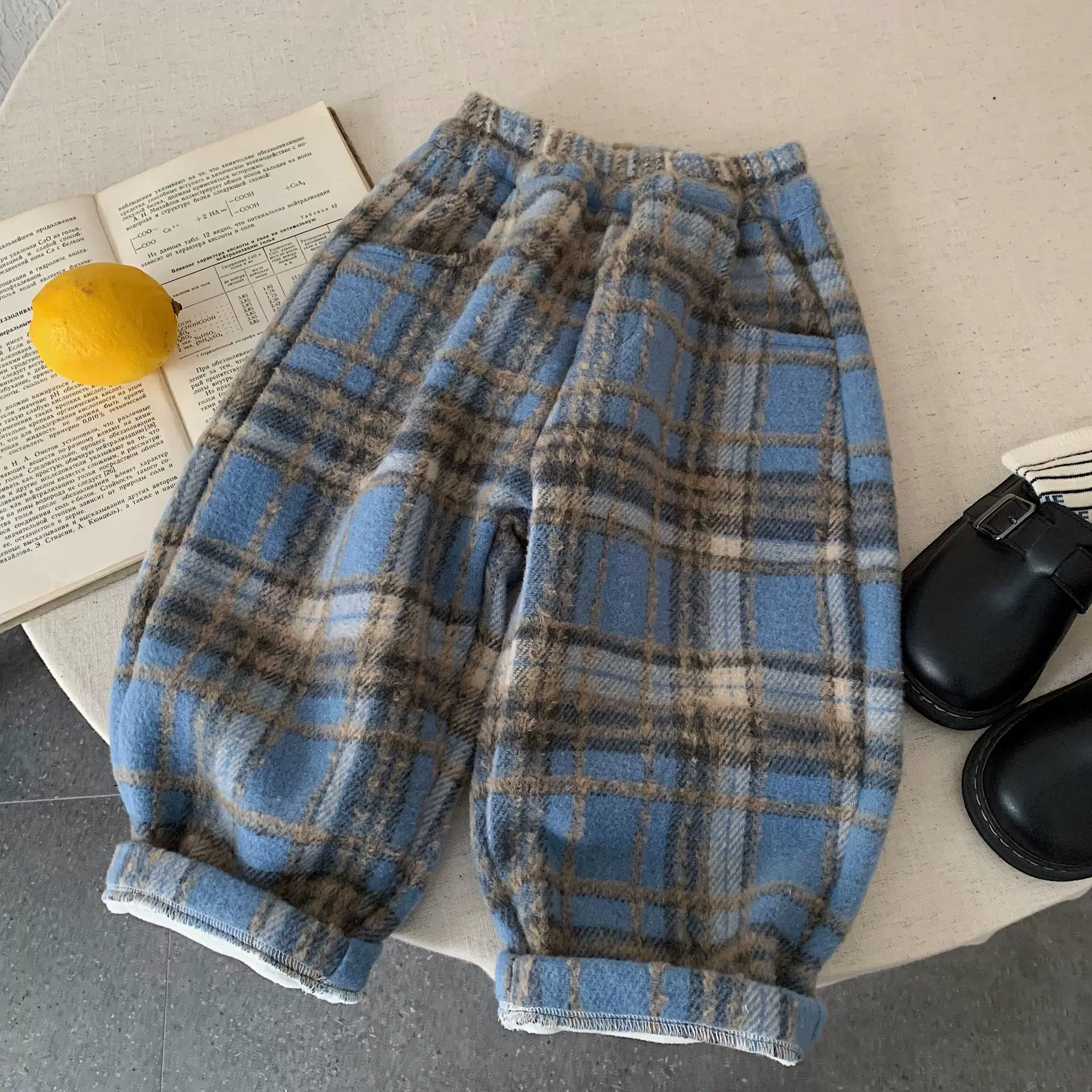 2025冬季新款蓝格子加绒裤男女童经典款呢料加绒加厚保暖洋气长裤