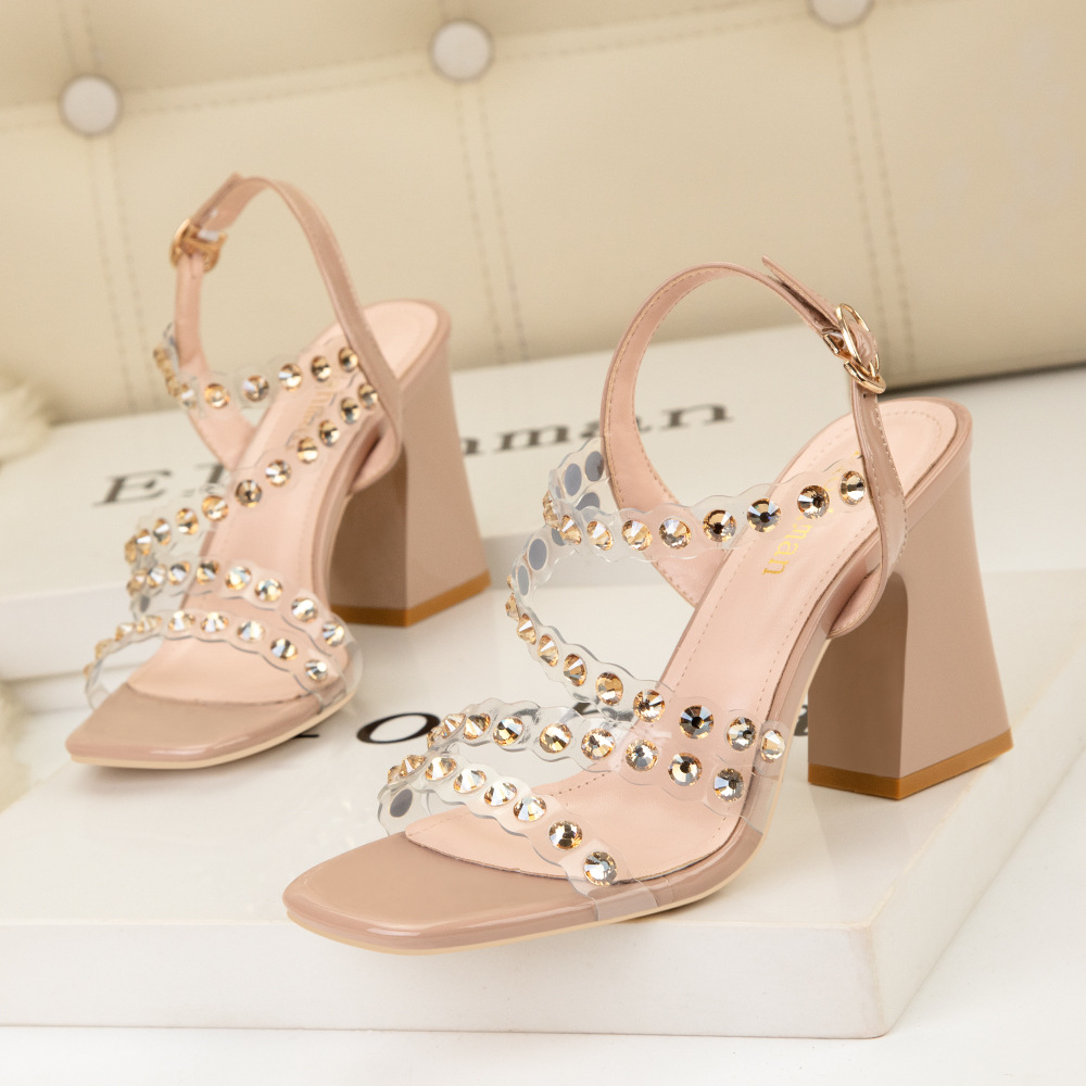 318-7 sexy summer high heels, women's shoes, thin heels, high heels, open toe, Rhinestone, straight belt, transparent sandals