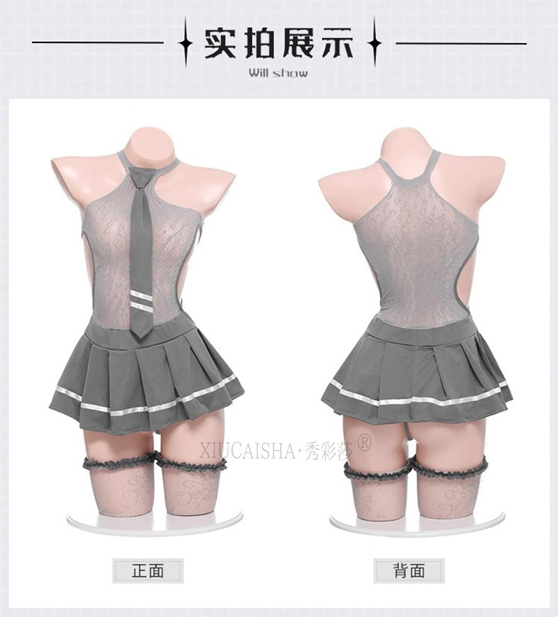 JK Uniform Roleplay Lingerie Set with Tie, Skirt Dress and Stockings in Grey — detail image 15