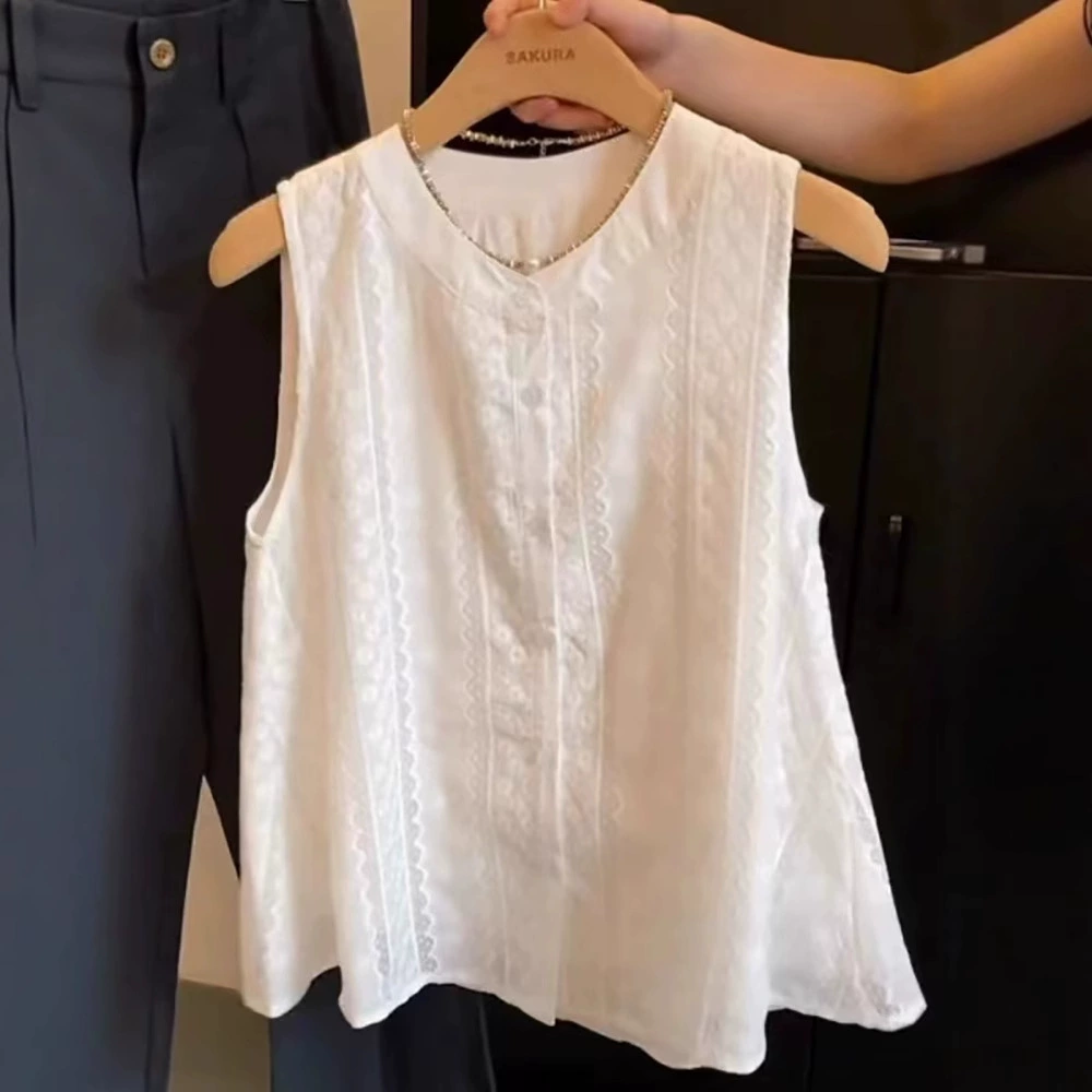 Белая кружевная вышитая рубашка без рукавов, жилет для женской верхней одежды, летняя новинка, большой размер, свободный кардиган, закрывающий живот, топ