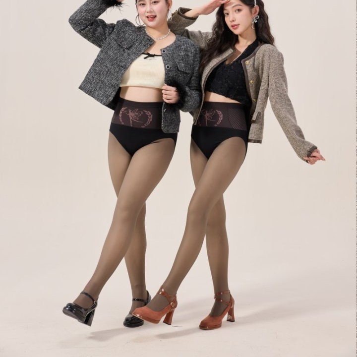 Water-Glossy Black Silk Autumn and Winter Bare-Leg Artifact Thickened Fleece Single-Layer High-Waist Tummy Control Butt-Lifting Black Sheer Leggings