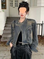 复古美式做旧风设计立领工装牛仔外套女秋季新款修身显瘦短款上衣