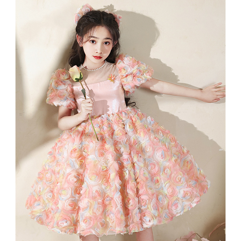 Flower Girl Wedding Girl Birthday Banquet Princess Dress Girls' Dress Children's Host Piano Performance Dress Pink