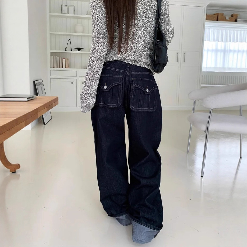 街头高腰绑带后背单宁口袋休闲宽松牛仔裤
