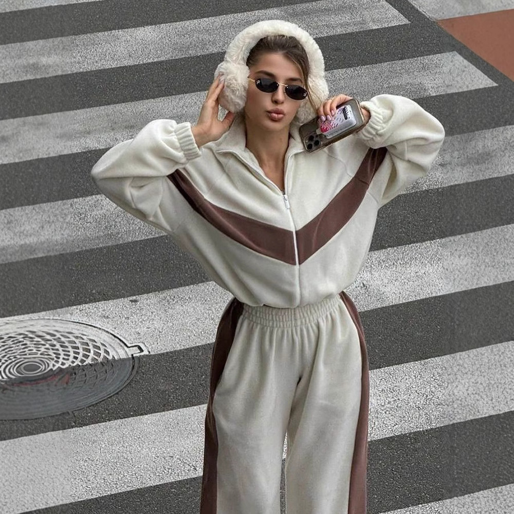 Fashion European and American suit Casual Sports suit Zipper Cardigan Pants Two-piece Set for Women