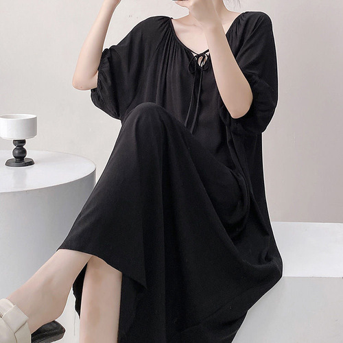 2025 Cotton Satin Nightgown Women's French Long Dress Casual Round Neck Wearable Homecoming Breathable Comfortable Chinese Style Lazy Wind