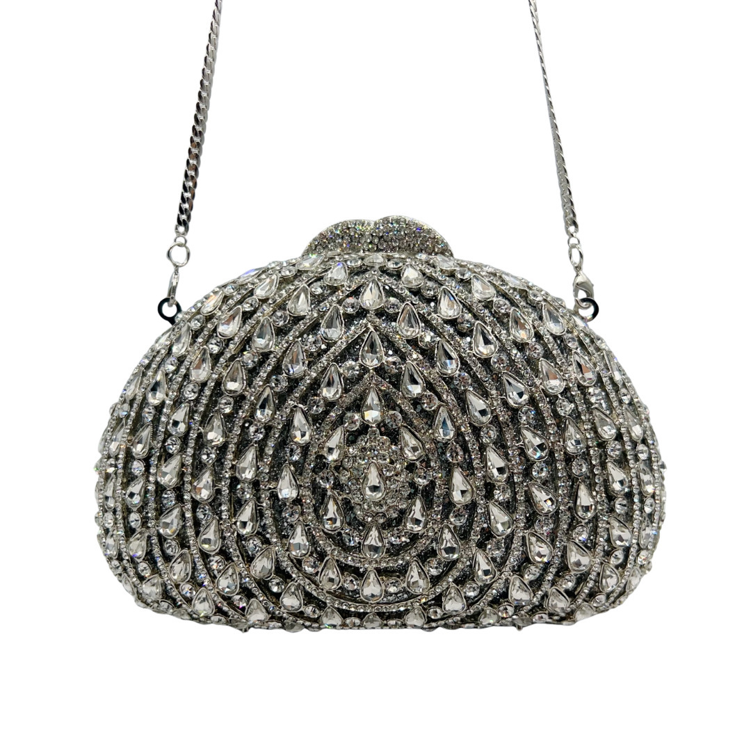 Clutch bag cross-border diamond perforado cristal diamante ventilador divergente cena de lujo bolsa de mano de fiesta plateada