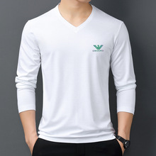 欧美大牌丝光棉男士T恤衫2025春秋休闲青中年男装打底衫V领上衣