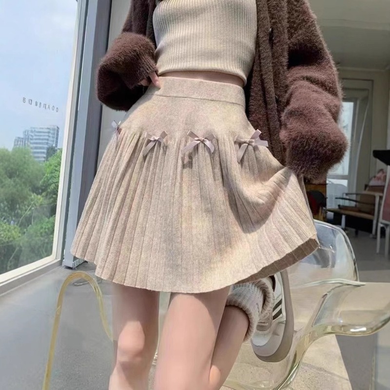甜美减龄蝴蝶结针织百褶裙女高腰遮胯显瘦大摆a字伞裙半身裙短裙|undefined