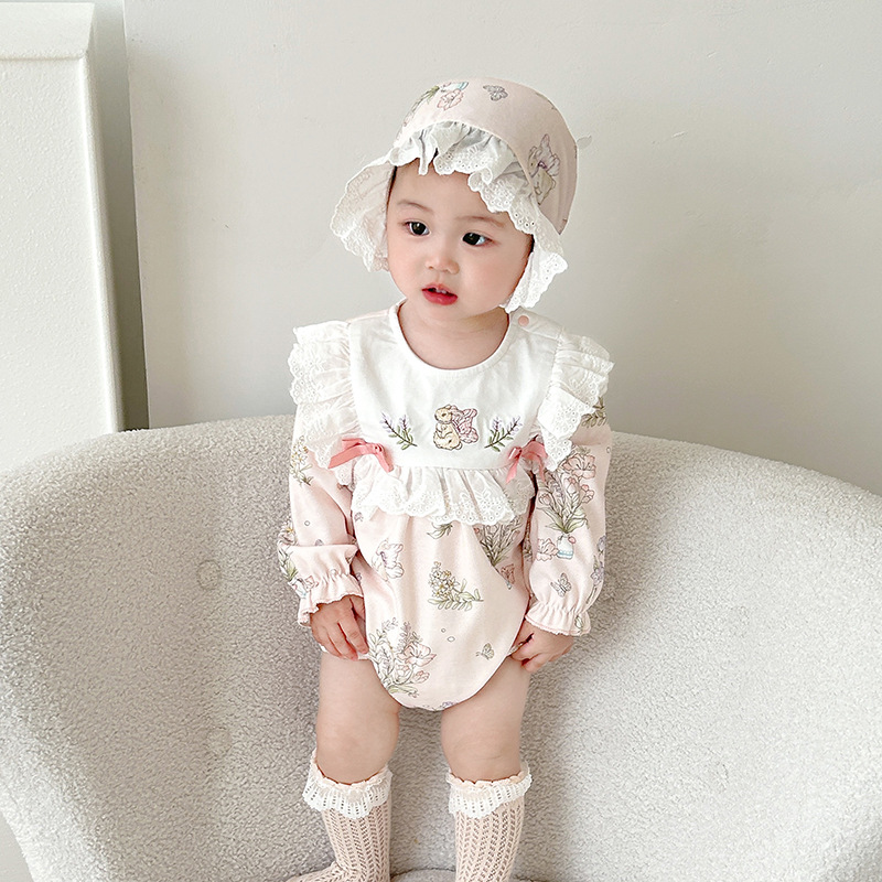Baby's Cotton Fart Bag 2025 Spring Princess Printed Full Moon Oversuit 5086 Baby Girl's Spring and Autumn Clothes with Hats