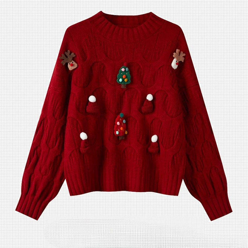 Новый год красный свитер женский осенний и зимний короткий толстый 2024 новый рождественский топ стерео декоративный свитер толстый