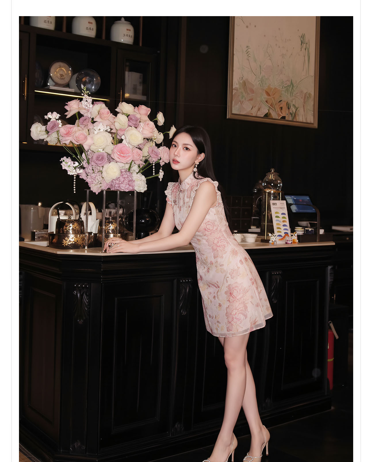 Đầm maxi nữ thắt eo họa tiết hoa nhí tay bèo phong cách Tân Trung Quốc — màu hồng chi tiết 6