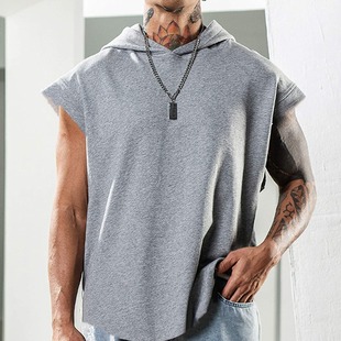 Summer 2021 Men's foreign trade Sports European and American youth AliExpress printed hooded sports sleeveless men's vest