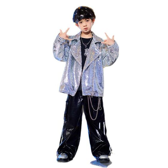 Hip-Hop Children's Fashion Clothes Boys Hip-Hop Performance Clothes silver Sequins Cool Handsome Girls Hiphop Jazz Performance Clothes