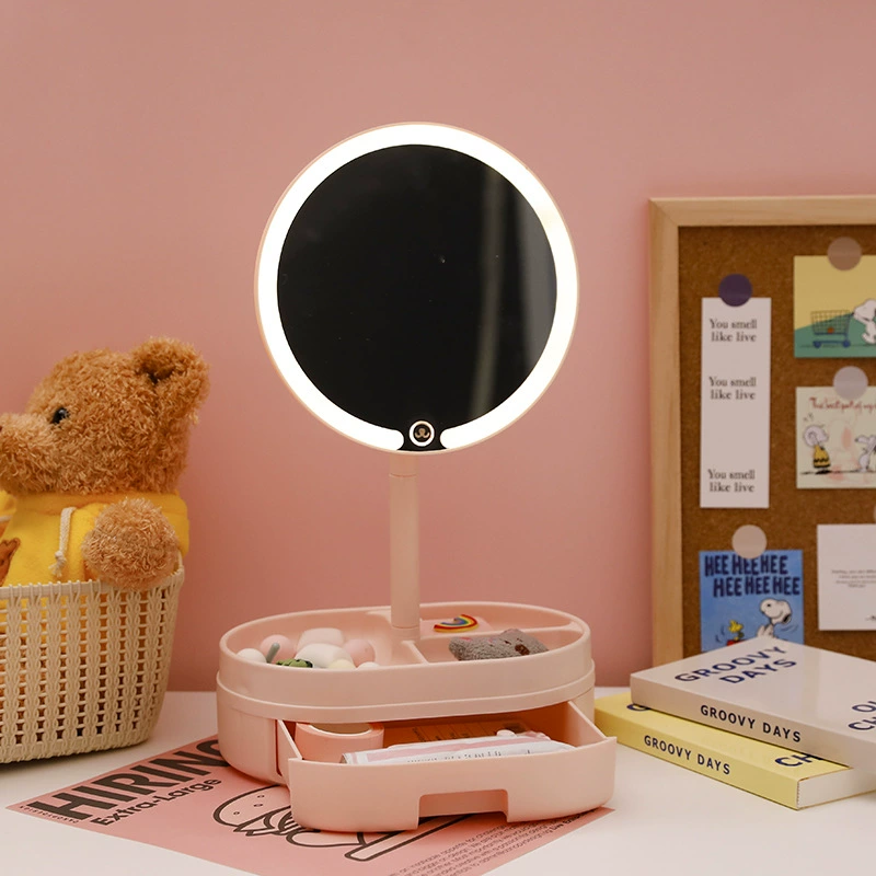 LED table mirror folding fill light, charging makeup mirror, 3-color modes, drawer storage