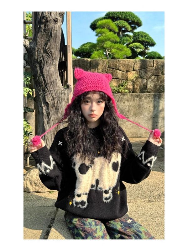 跨境韩系毛茸茸软糯绵羊提花黑色毛衣女秋冬宽松慵懒风长袖针织衫|undefined