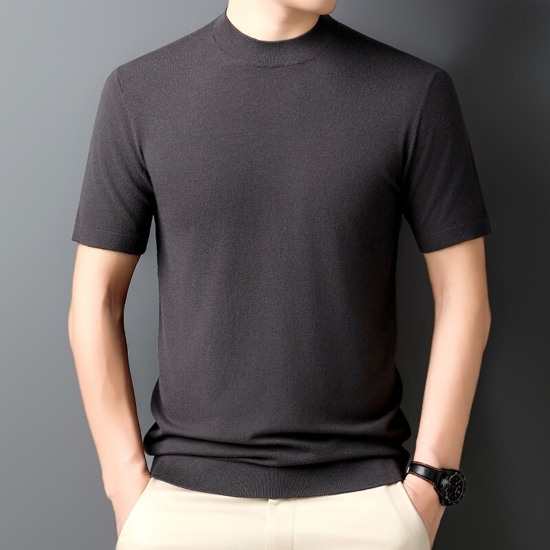 Spring and Summer Wool Short-Sleeved Knitwear Men's T-Shirt Half Turtleneck Solid Color Trendy Versatile Casual Base Layer Top