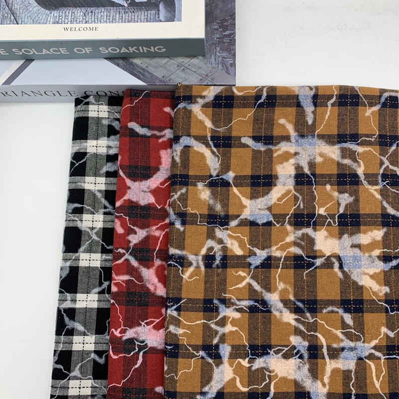 渲染印花工艺时装衬衫面料 色织斜纹磨毛格子布 法兰绒扎染风格子