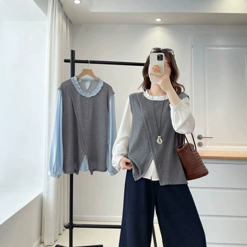 2026 Spring New French Style Lace Collar Fake Two-Piece Shirt Plus Size Women's Spring Layered Youthful Color-Block Top 1070 2026 Spring New French Style Lace Collar Fake Two-Piece Shirt Plus Size Women's Spring Layered Youthful Color-Block Top 1070