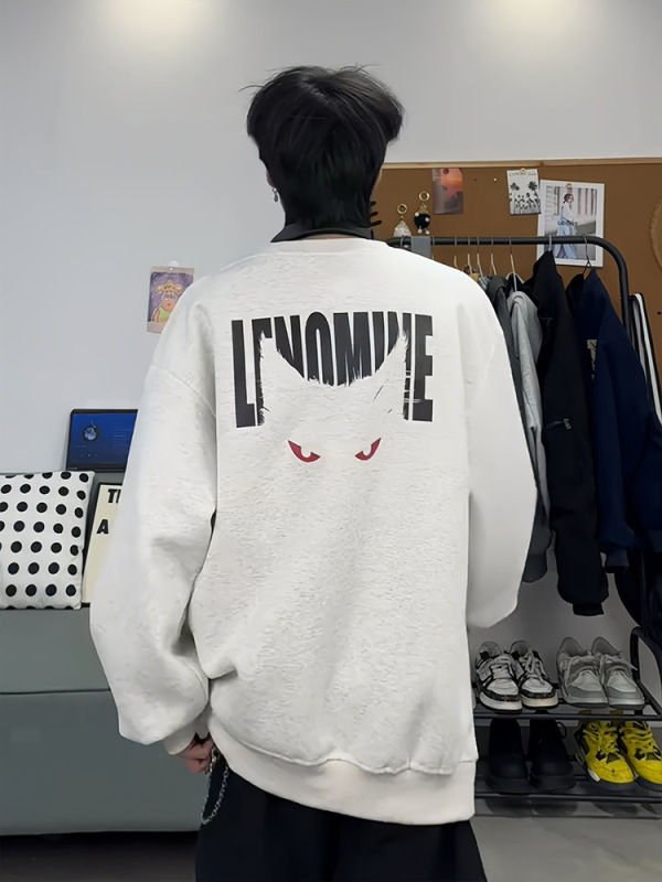 美式高街无帽卫衣男款高级感恶魔猫眼印花长袖T恤设计感情侣上衣|undefined