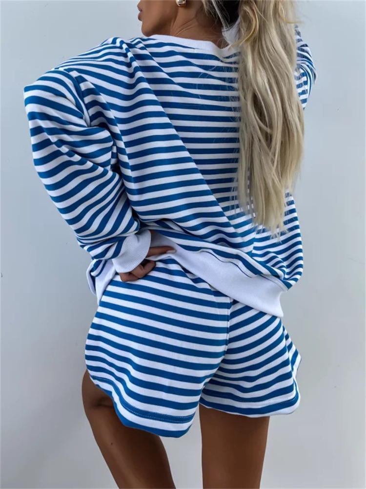 Summer New Women's Casual Striped Long Sleeve V-Neck Loose Top Sports Shorts 2-Piece Set For Women_ecoleips.com