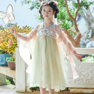 女童汉服襦裙2026新款夏儿童超仙花朵刺绣国风公主裙子古风连衣裙