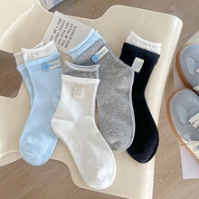 春夏新款纽扣布标AB面双层袜口中筒袜子女ins潮日系卷边堆堆袜