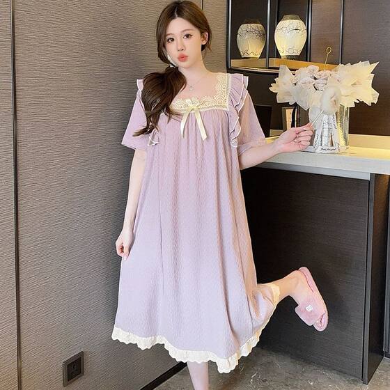 Nightgown Women's Summer 6535 Cotton Short-sleeved Lace Nightgown Sweet Princess Style plus size 200 Jin Loose Home Wear