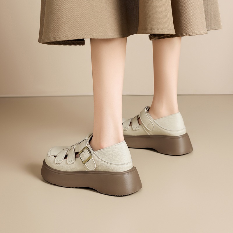 Sandal nữ đế dày phong cách La Mã, quai dệt kiểu Pháp cổ điển — AB16FP mét đen
