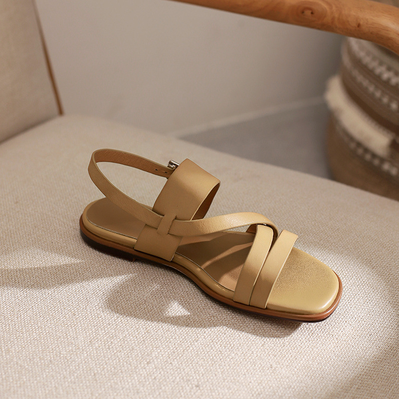 Sandal nữ quai ngang mảnh hở mũi đế bệt phong cách La Mã — Màu be chi tiết 14