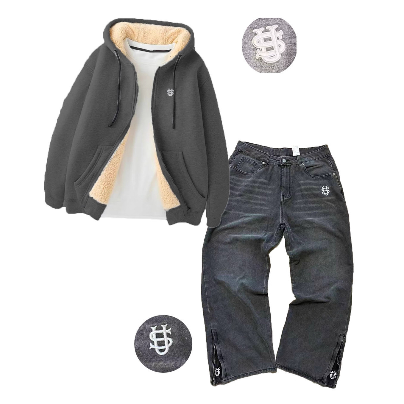 Men's Clothing Autumn And Winter Men's Letter Embroidery Hot Stamping Lambskin Jacket Jeans Suit_voghion.com