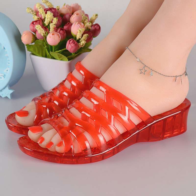 Jelly Color Transparent Crystal Plastic High-Heeled Women's Slippers Women's Summer Wedge Sandals Old-Fashioned Outdoor Half Slippers