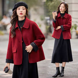 双面羊绒大衣女秋冬2025新款高端气质减龄宽松翻领撞色羊毛呢外套