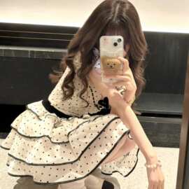 爆款时尚方领泡泡袖波点连衣裙小个子公主蛋糕蓬蓬裙跨境
