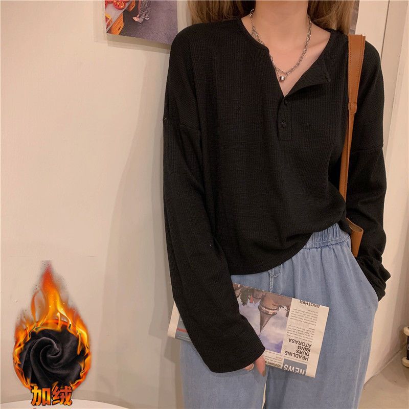 大码宽松显瘦百搭加绒长袖T恤女韩版短款内搭白色洋气打底衫上衣|undefined
