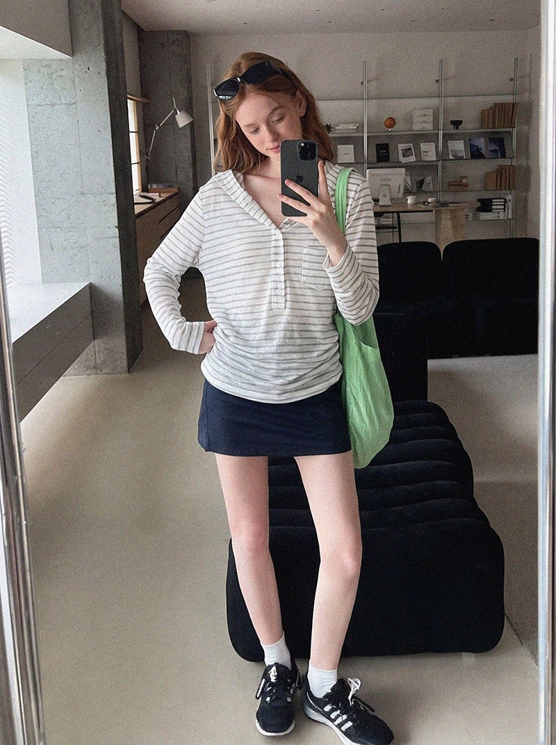 韩系条纹连帽长袖季修身显瘦打底衫上衣慵懒风防晒空调罩衫1918