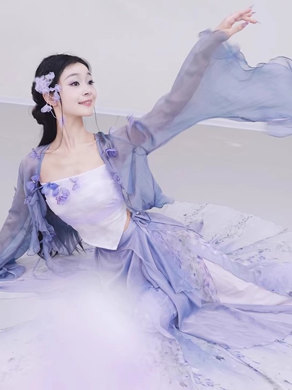 2025新款古典舞渐变仙气飘逸纱衣喇叭袖外披晕染裤裙演出服练功服|undefined