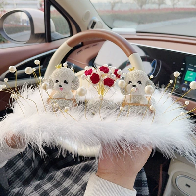 Car ornaments: for Female Drivers, Interior Car Decoration - two-diamond-studded-crown-teddy-dogs-red-rose-diamond-ornament-beaded-plush-rug